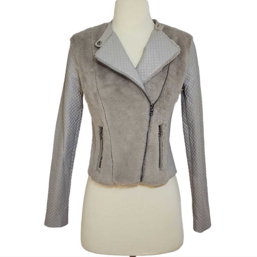 Armani Exchange Faux Fur & Leather Moto Jacket in Taupe Gray Womens Size XS